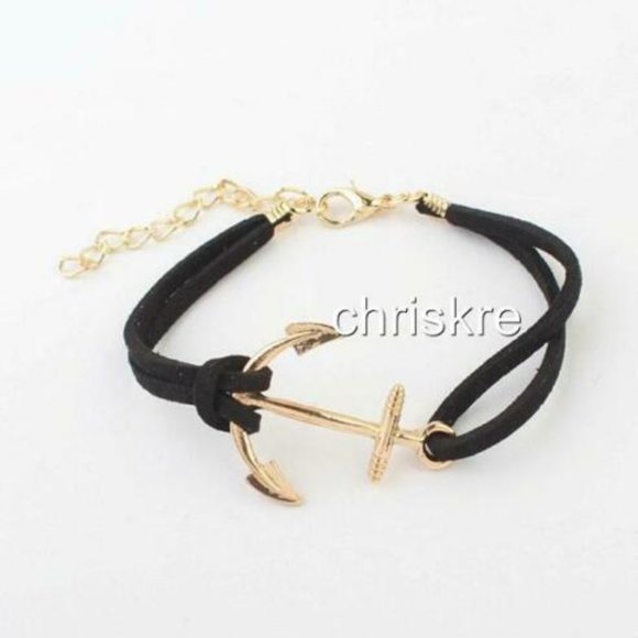 Suede Nautical Anchor Bracelet Island Ship Boat Leather Adjustable Gold Black - Picture 1 of 3